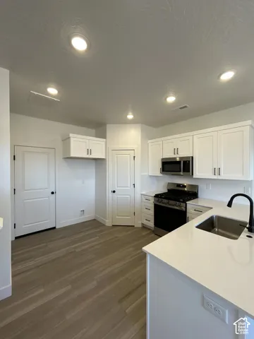 Kitchen featuring white cabinetry, stainless steel appliances, a single basin sink with a matte black faucet, recessed lighting, and wood-finish flooring