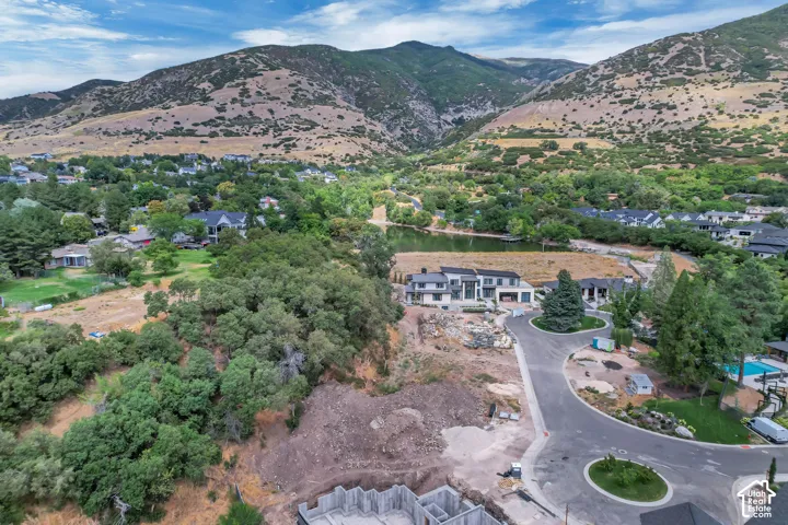 Expansive lot with mountain backdrop, surrounded by mature trees
