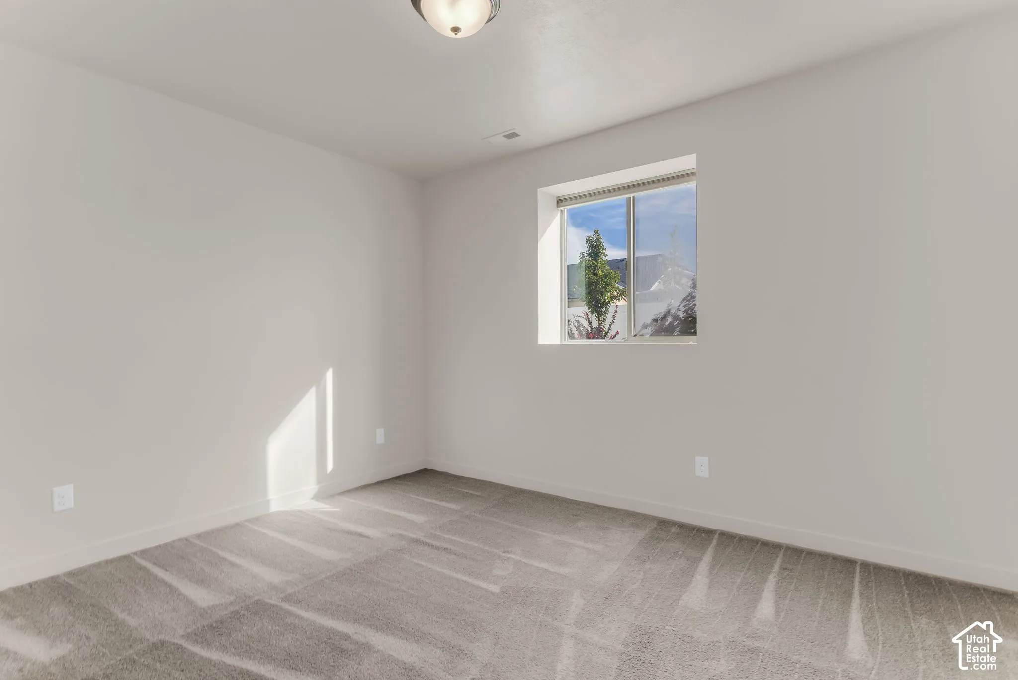 Neutral-toned walls, ceiling-mounted light fixture, and window with exterior shrubbery