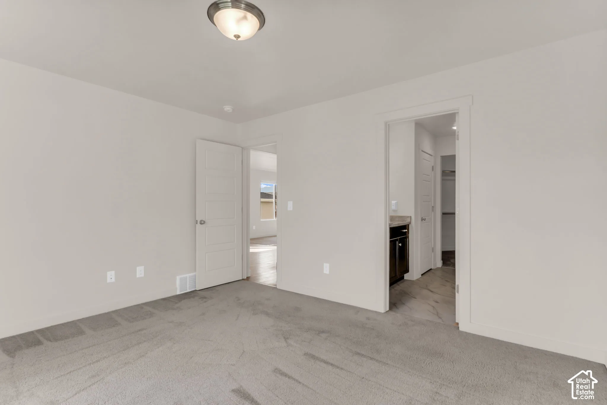 Owner's Suite - Plush carpet flooring, light neutral wall paint, ceiling-mounted light fixture, white interior doors, and a built-in vanity with a dark wood-finish cabinet and stone countertop