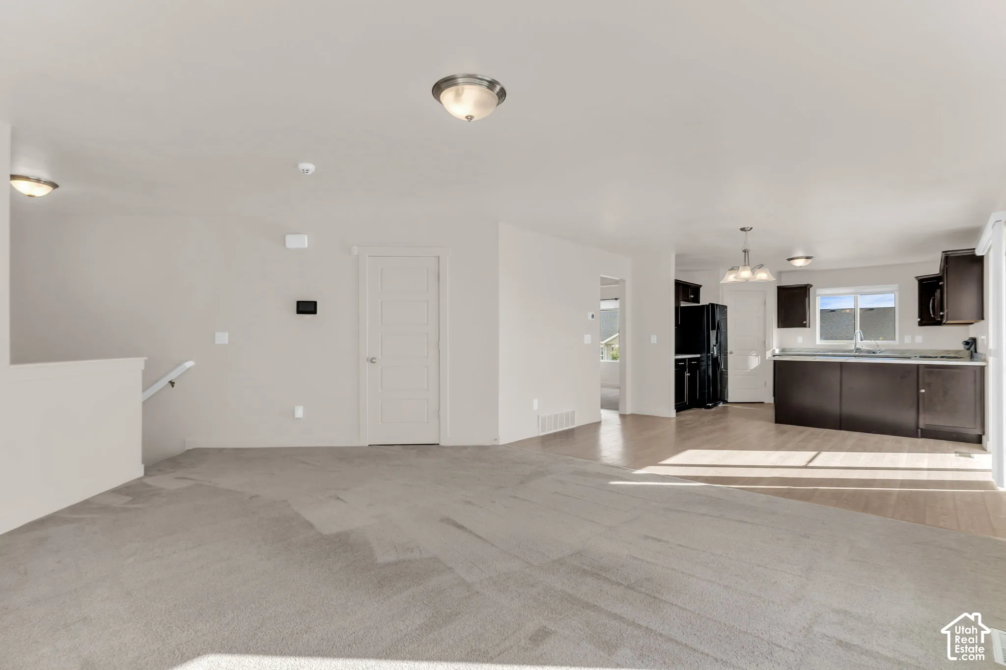 Open-concept living area with light-toned carpet and wood-finish flooring
