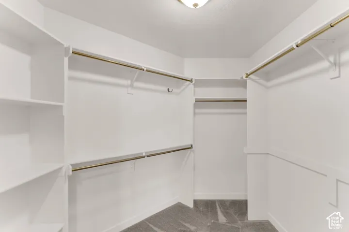 Owner's Suite - Walk-in Closet - White painted built-in shelving, multiple brass-finish hanging rods, and grey patterned carpet