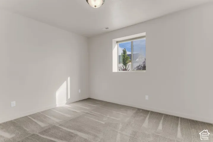 Neutral-toned walls, ceiling-mounted light fixture, and window with exterior shrubbery