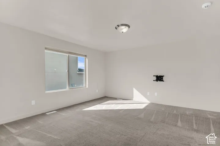 Wall-to-wall carpeting, single window, flush-mount ceiling light fixture, wall-mounted television bracket