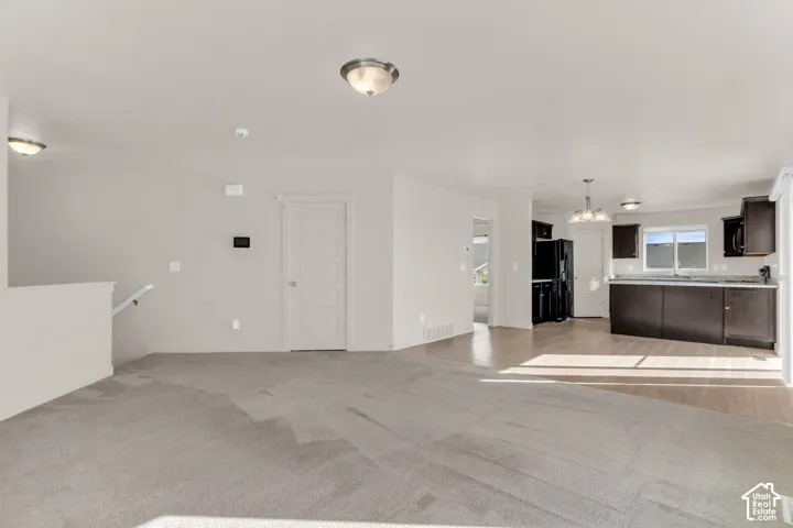 Open-concept living area with light-toned carpet and wood-finish flooring