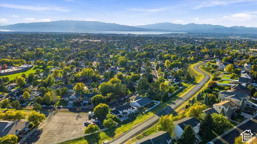 Expansive residential area with a winding paved road, abundant mature trees, and distant mountains