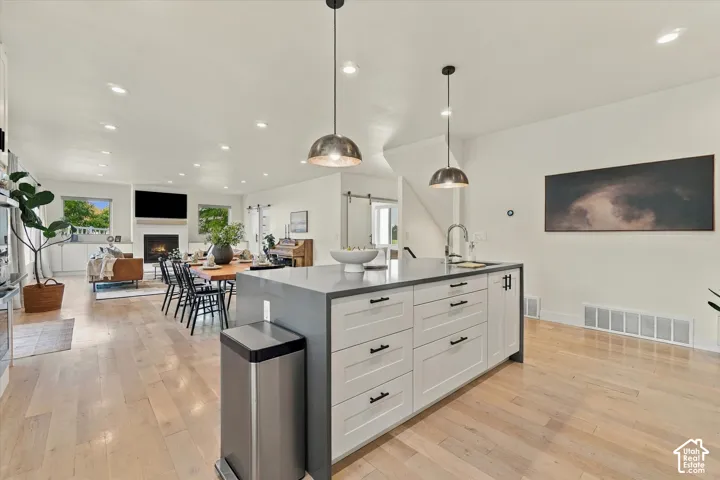Open-concept living space with light wood-finish flooring