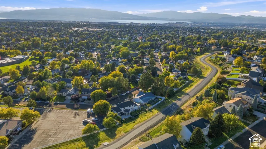 Lush green landscape with a winding road, residential structures, and distant mountains