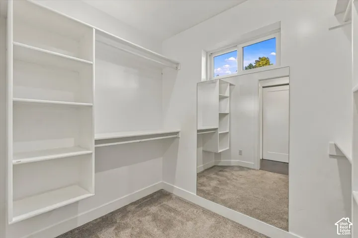 Built-in shelving, hanging rods, full-length mirror, high transom window, and carpet flooring