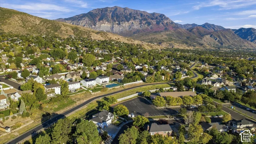 Mountain backdrop, established neighborhood, residential properties, mature trees, paved roads