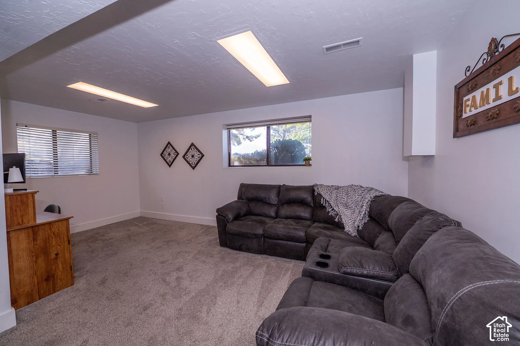Carpeted room with white painted walls, two windows