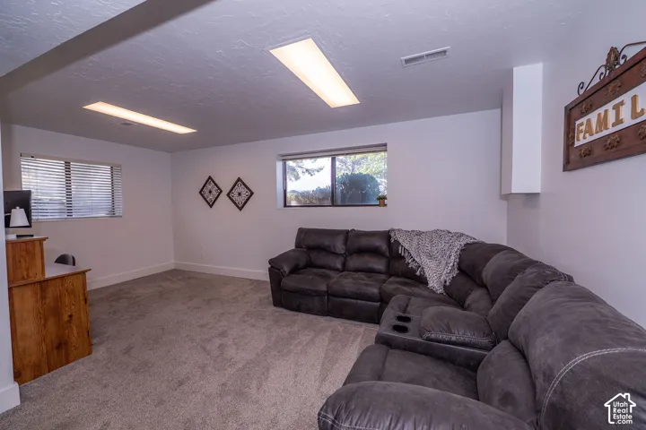 Carpeted room with white painted walls, two windows