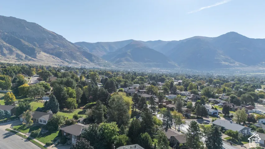 Expansive neighborhood setting with mature trees and mountain backdrop
