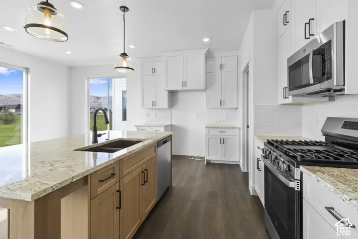 Open-concept kitchen featuring an island with a built-in sink, stainless steel appliances, white shaker cabinetry, white subway tile backsplash, and wood-finish flooring