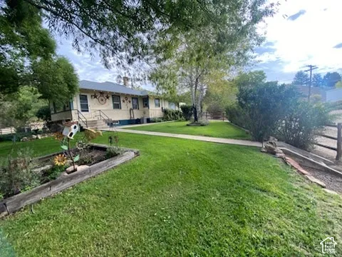 Expansive front lawn with a concrete pathway and mature trees