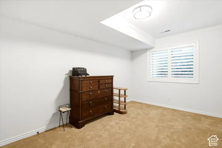 Carpeted room with white walls, white window shutters, and a flush-mount ceiling light