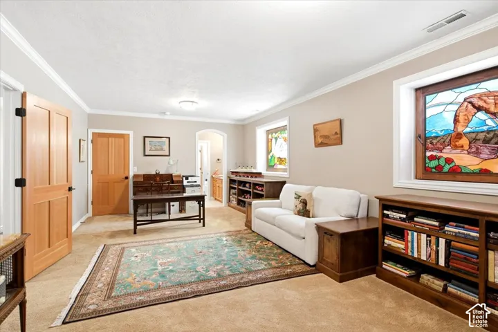 Recessed lighting, crown molding, light wood panel doors, built-in shelving, and stained-glass window accents
