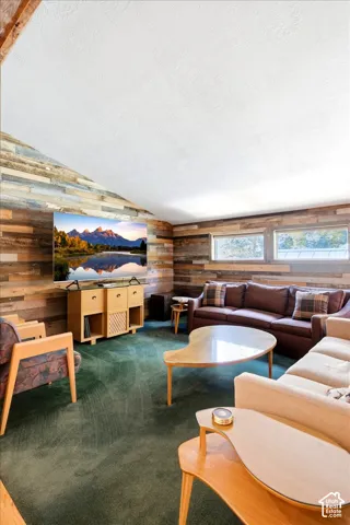 Reclaimed wood accent walls, recessed windows, textured ceiling, and plush green carpeting