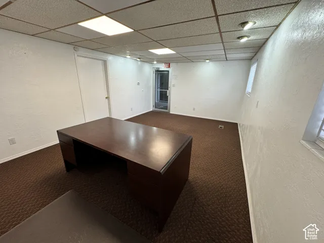 Recessed lighting, drop ceiling, and carpeted flooring