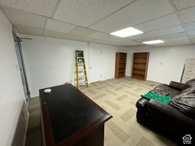 Acoustic ceiling tiles with integrated lighting, patterned carpet flooring, and a solid core door