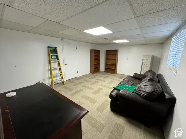 Recessed lighting illuminates a space featuring light-toned carpet tile flooring and two wooden built-in shelving units