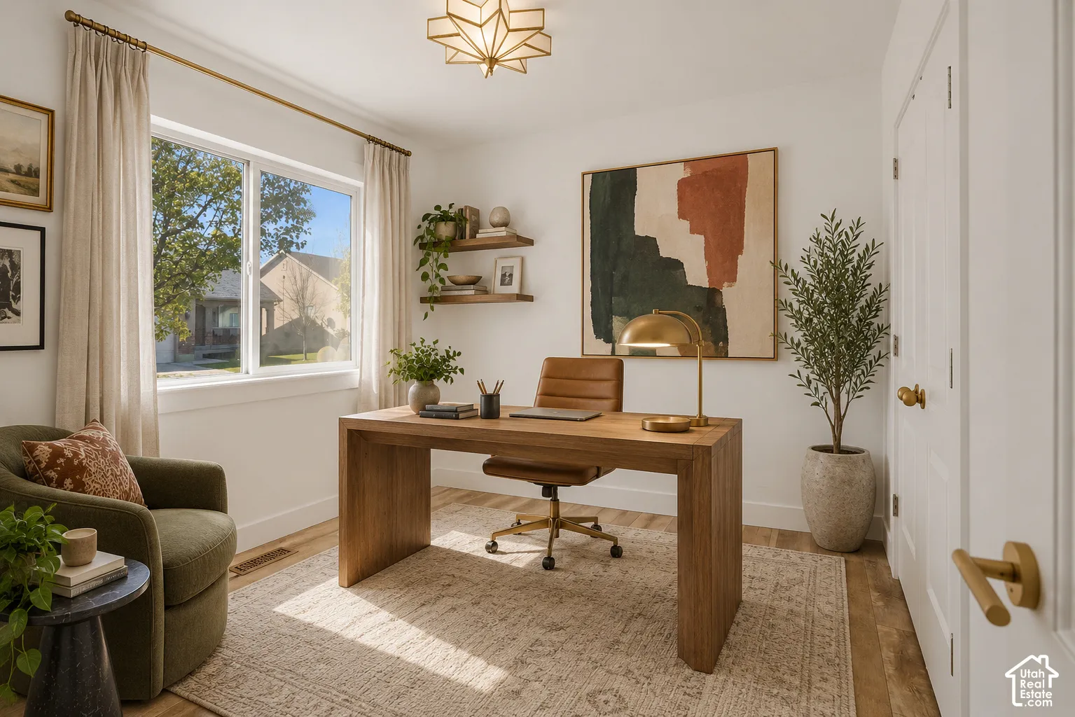 Bedroom # 2 / Office with Crisp white walls with light wood-finish flooring, a large window providing ample natural illumination, a built-in floating shelf system, and a modern ceiling light fixture