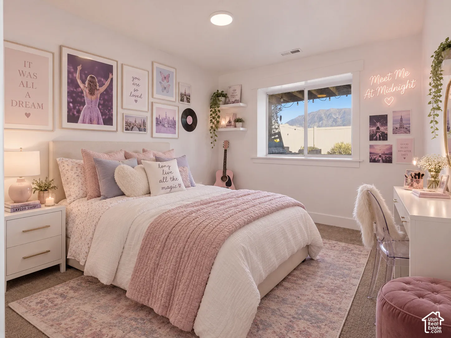 Bedroom # 4 Recessed ceiling lighting, a window with mountain scenery, wall-mounted shelving, and a built-in desk with drawers