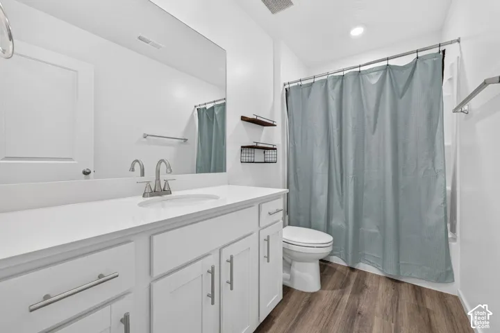 White vanity with brushed nickel hardware, expansive countertop, and wood-finish flooring