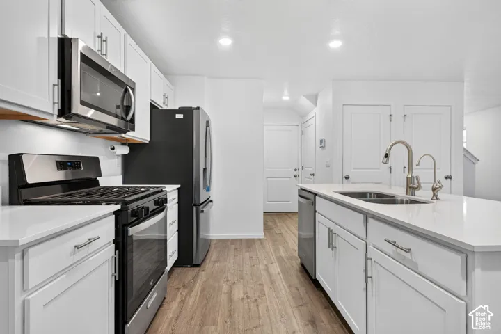 Contemporary kitchen featuring white cabinetry, stainless steel appliances, wood-finish flooring, and a kitchen island with an undermount sink
