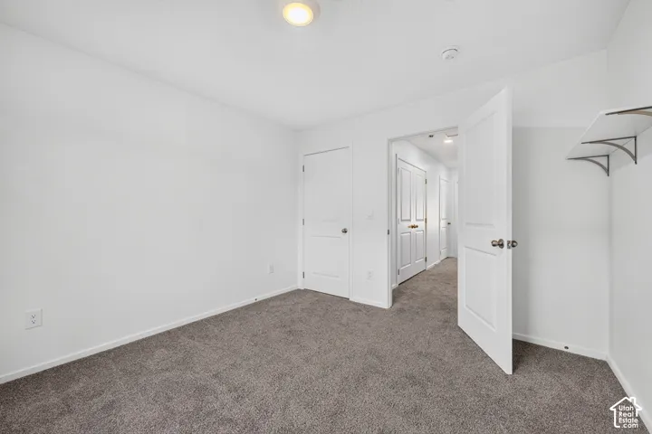 Neutral white wall paint, gray carpet flooring, recessed ceiling light, white interior doors, and built-in closet shelving