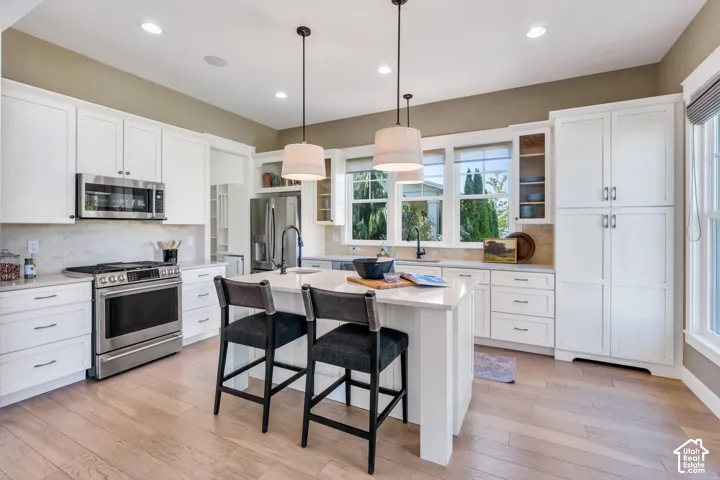 White shaker-style cabinetry with stainless steel appliances