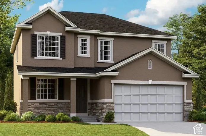 Two-story residence featuring a stucco exterior, stone facade accents, dark shuttered windows, and an integrated two-car garage