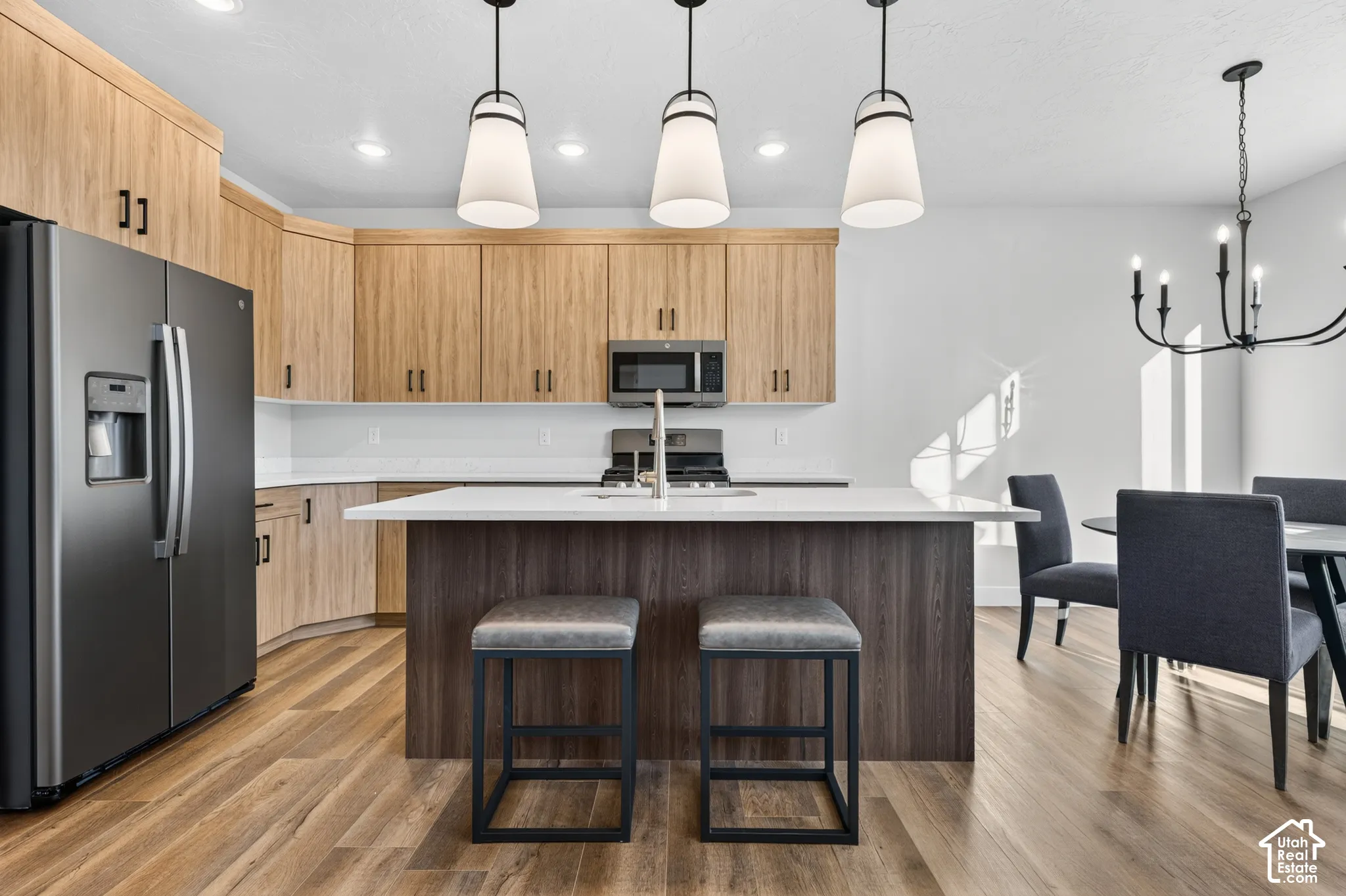 Stainless steel appliances, wood-finish flooring, white countertops, built-in cabinetry, and pendant lighting