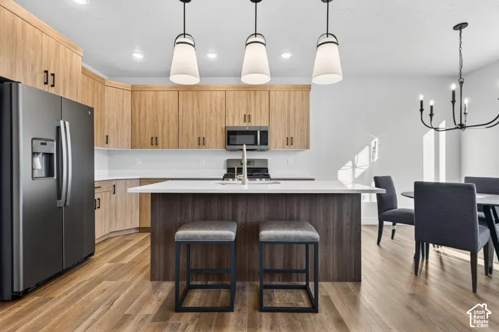 Stainless steel appliances, wood-finish flooring, white countertops, built-in cabinetry, and pendant lighting