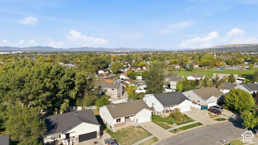 Residential neighborhood with mature trees and distant mountain scenery