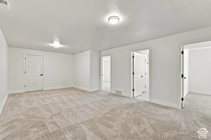 Expansive carpeted area with neutral-toned walls, multiple doorways, and flush-mount ceiling lights