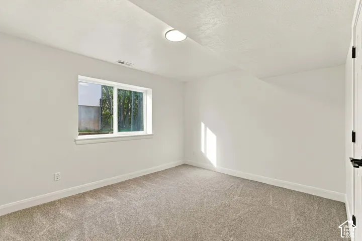 Recessed window with white trim, gray carpet, white walls, and a flush mount ceiling light