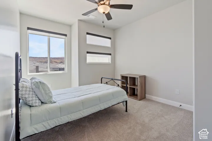 Carpeted room with a ceiling fan, multiple windows with roller shades, and light-colored walls