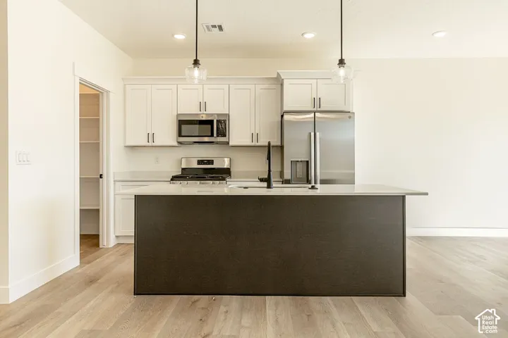 Kitchen featuring a central island, light-toned wood-finish flooring, stainless steel appliances, white cabinetry, and recessed lighting