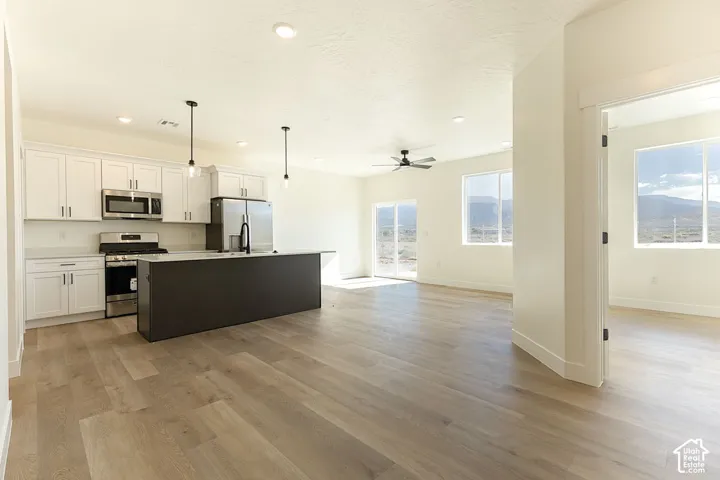 Open-concept living space with wood-finish flooring, white cabinetry, stainless steel appliances, and a dark-toned kitchen island with a sink