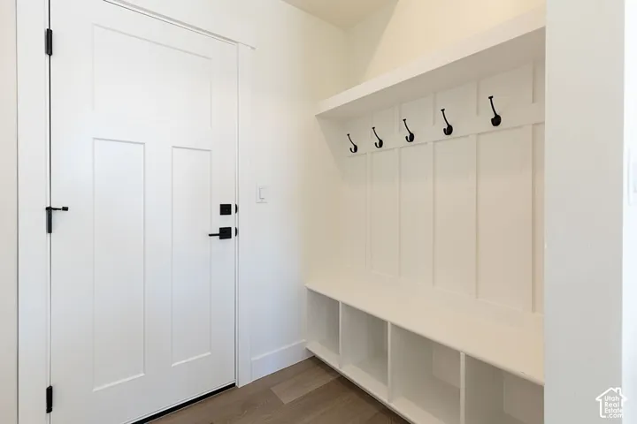 Built-in mudroom bench with cubbies, shaker-style door, and wood-finish flooring