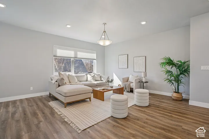 Spacious room featuring wood-finish flooring, recessed ceiling lighting, a large window with roller shades, a contemporary pendant light fixture, and light gray wall paint