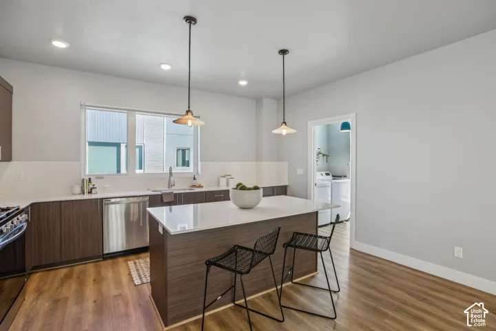 Modern kitchen featuring wood-finish flooring, recessed lighting, and stainless steel appliances