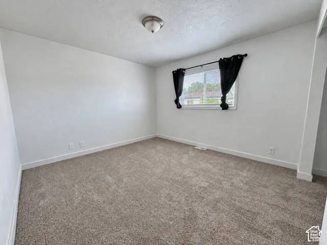 Textured ceiling, wall-to-wall carpeting, and a flush mount ceiling light
