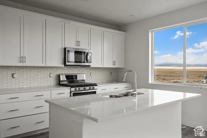 White shaker cabinetry, stainless steel microwave, gas range, kitchen island with dual basin sink, and large picture window