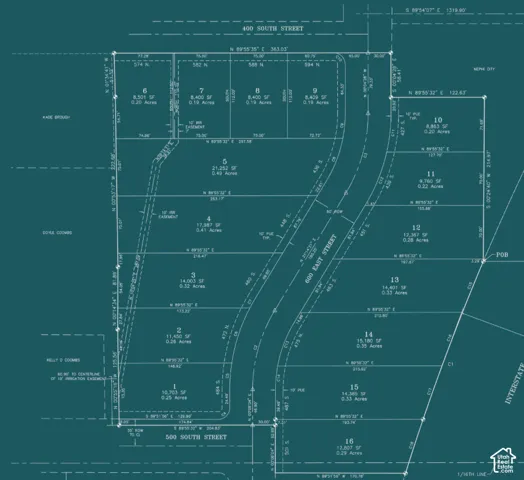 Plat map. Illustrating individual property lots with dimensions and area measurements