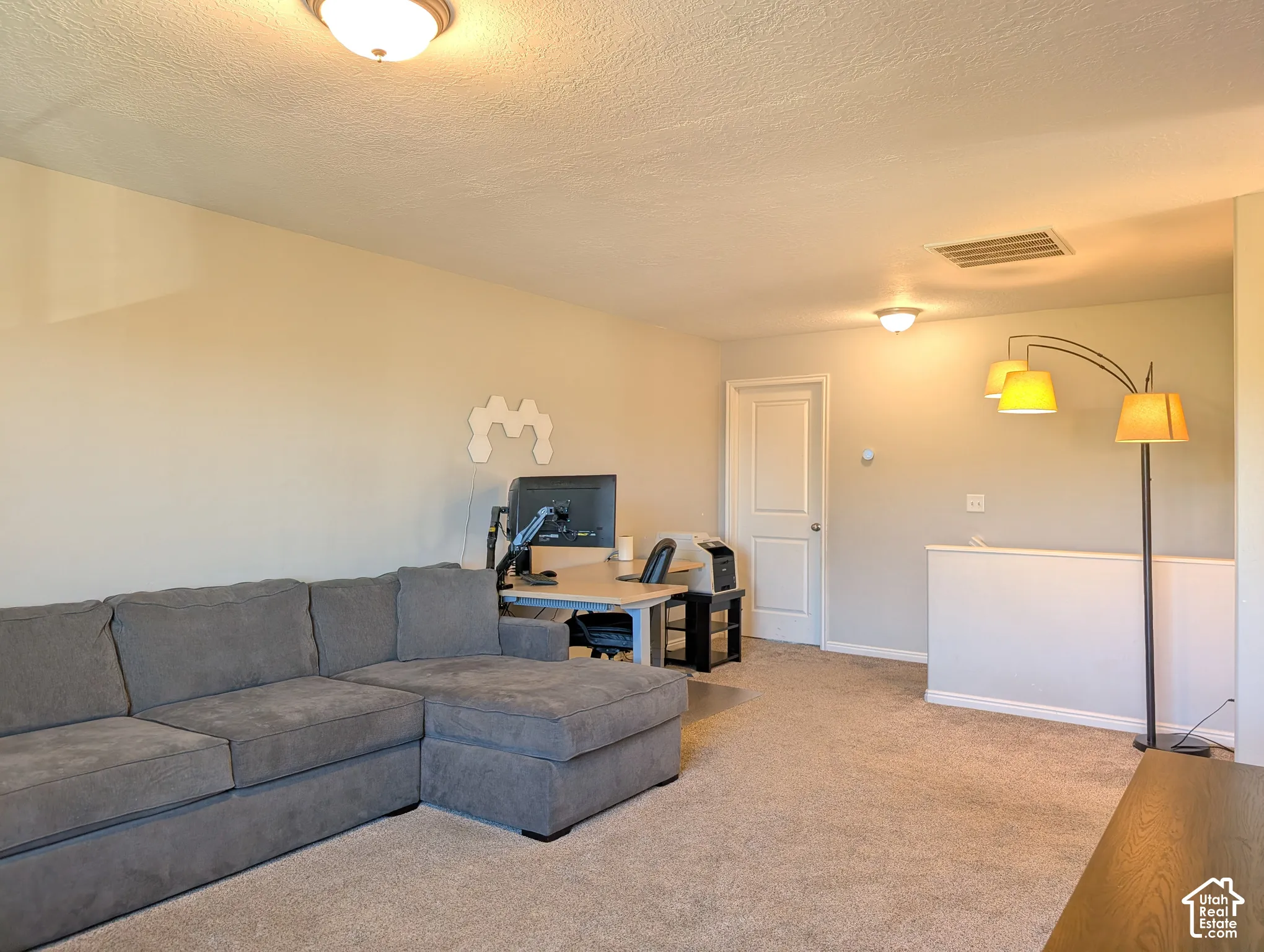Carpeted flooring, neutral wall tones, interior door with white trim, and ceiling-mounted light fixtures