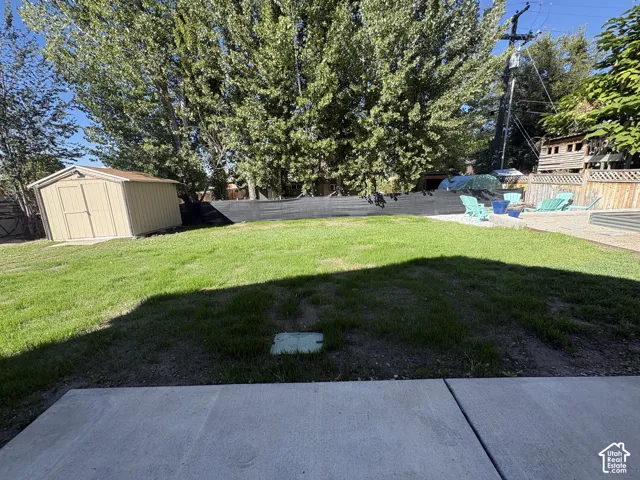 Expansive lawn area with a concrete patio, wood-paneled storage shed, and mature trees