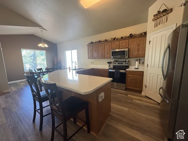 Kitchen featuring wood-finish flooring, a curved island with a light-toned countertop, ample wood cabinetry, and stainless steel appliances