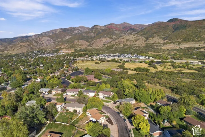 Expansive residential area featuring established homes, mature trees, and mountainous terrain